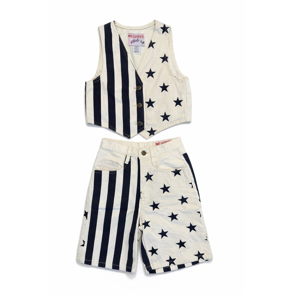 Vintage 90s Not Guilty Girls Stars & Stripes Denim Vest Cream Navy USA Made Sz10